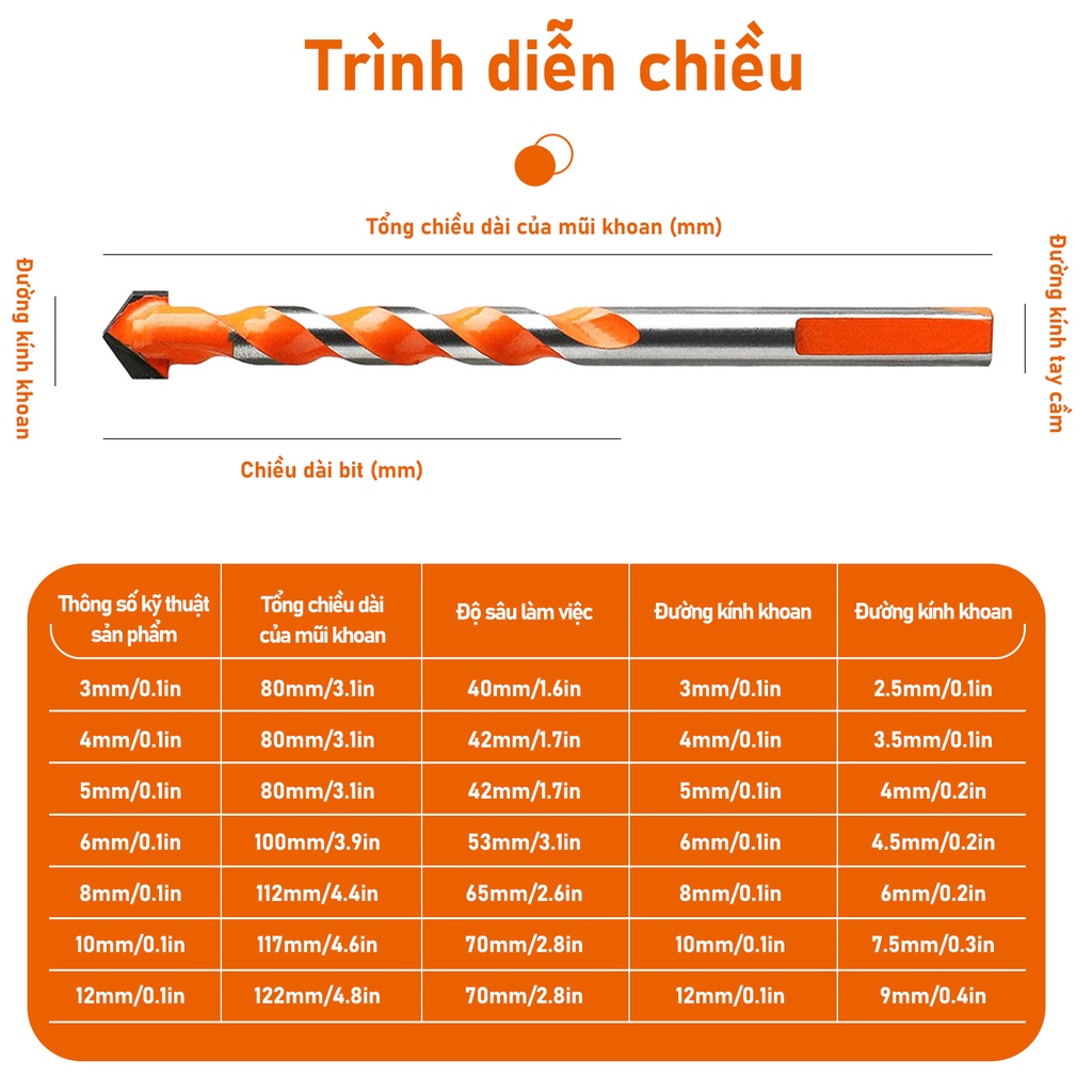 Bộ 7 mũi khoan đa năng 3/4/5/6/8/10/12mm phù hợp khoan các chất liệu kính sắt bê tông gạch men đá gố