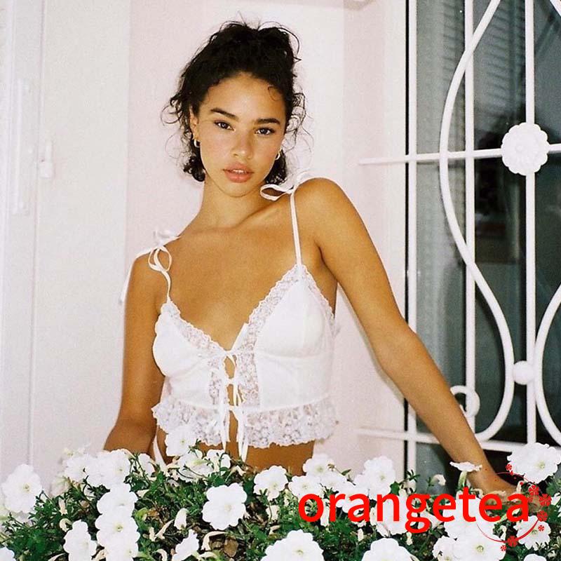 Áo hai dây cổ chữ V phối ren phong cách quyến rũ thời trang cho nữ