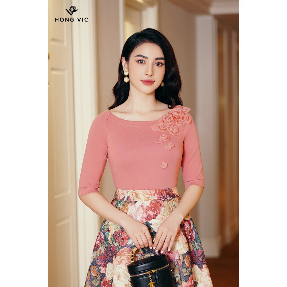 Áo kiểu nữ thiết kế Hongvic cotton hồng san hô tay lỡ sm325