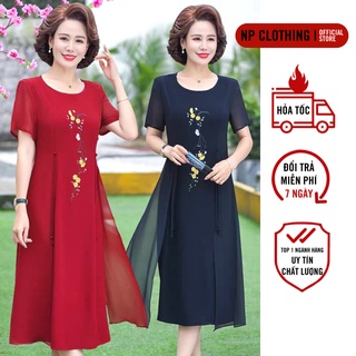 Váy Trung Niên D393, Đầm Nữ Cho Mẹ Cổ Tròn Ngắn Tay Thêu Hoa Mai Trang Nhã | Thời Trang NP CLOTHING