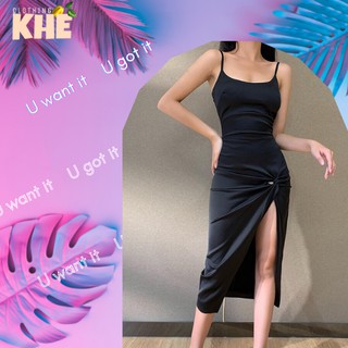 - Váy 2 dây lụa satin xẻ tà dài, màu đen - váy tiệc đơn giản, cá tính, sang trọng
