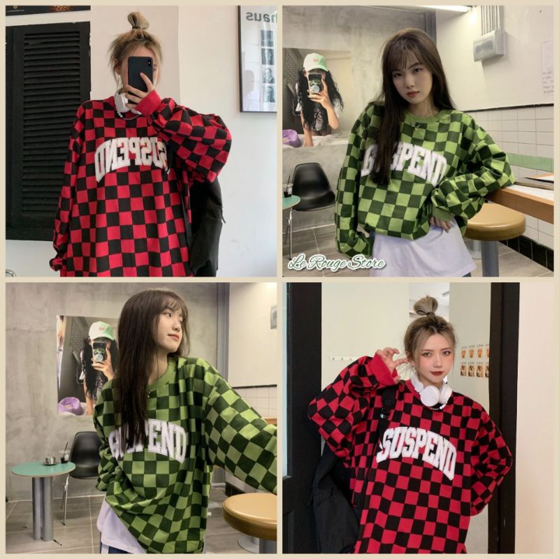 Áo sweater nỉ da cá in chữ trắng Suspend họa tiết kẻ caro trendy đỏ và xanh lá ulzzang style