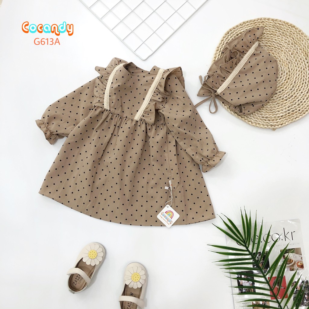 [Cocandy Official Store] Váy babydoll cho bé -chất đũi xước họa tiết chấm bi kèm mũ hoặc turban đủ size từ 7 đến 23kg