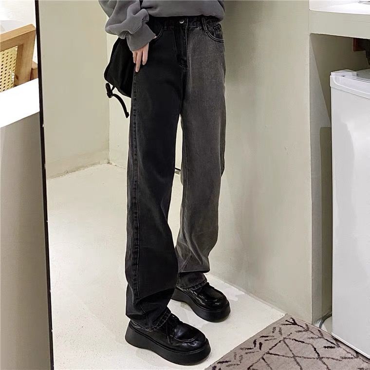 Quần Jean Dài Ống Rộng Phối Màu Đen Xám Phong Cách Harajuku Đường Phố Cá Tính Cho Nữ