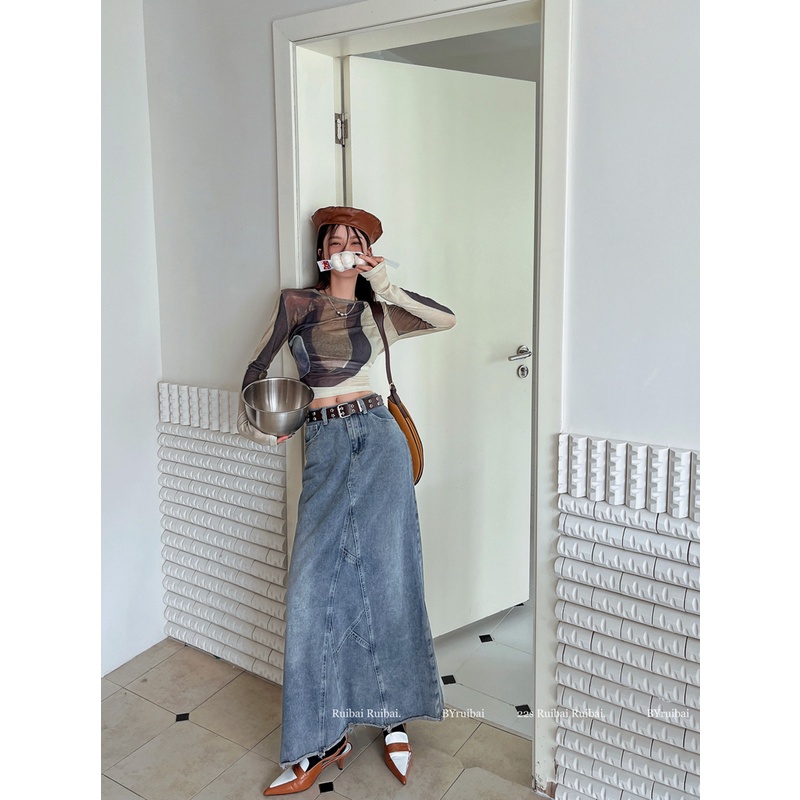 Cocory vn Áo Croptop Tay Dài Cổ Tròn Màu Tương Phản Thời Trang Mùa Thu Cho Nữ