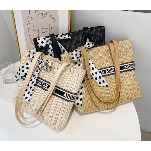 Túi Xách Vintage  Túi Đi Biển Phong Cách Trẻ Trung Phối Nơ Lụa