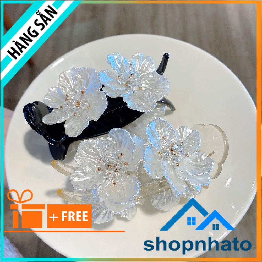 Kẹp tóc càng cua hoa Đào trắng đính đá phong cách dễ thương 2 màu đen,trắng hợp thời trang