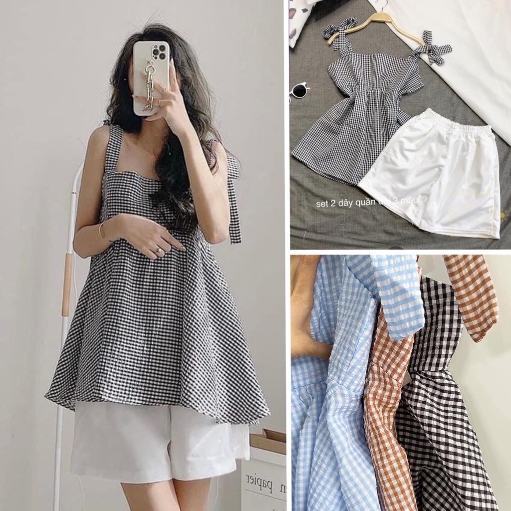 Set Áo Hai Dây Buộc Nơ Phối Quần Sooc Trắng Ulzzang, Áo Babydoll Hàn Quốc Kẻ Caro Và Quần Short Siêu Cute