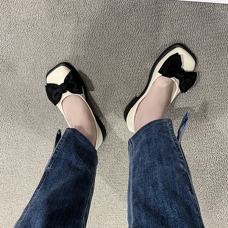 Giày Búp Bê Da Mũi Vuông Đính Nơ Phong Cách Anh Quốc Cho Nữ