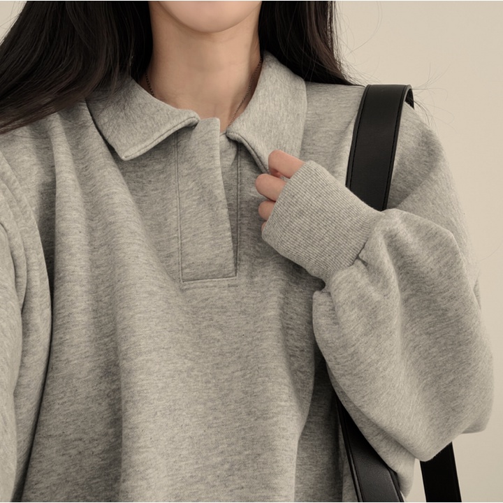 Áo sweater nữ form rộng có cổ POLO màu xám đen chất nỉ đẹp, áo sweater form rộng unisex nam nữ thời trang