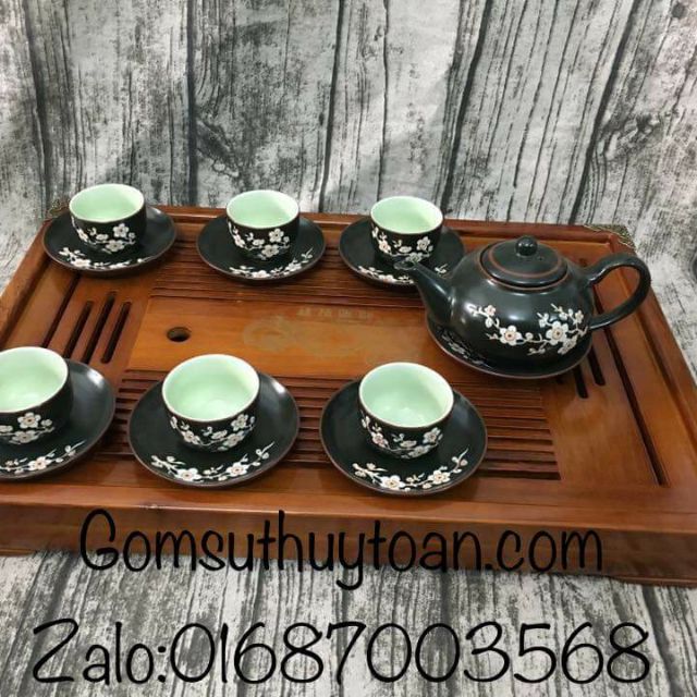 Bộ ấm chén khắc tay hoa đào+khay