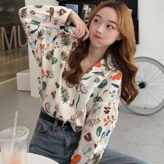Áo Sơ Mi Tay Dài Dáng Rộng Hoạ Tiết Hoạt Hình Phong Cách Vintage