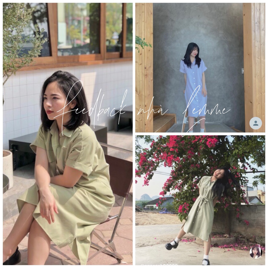 Đầm sơ mi tay ngắn fom rộng xẻ tà-LEMME