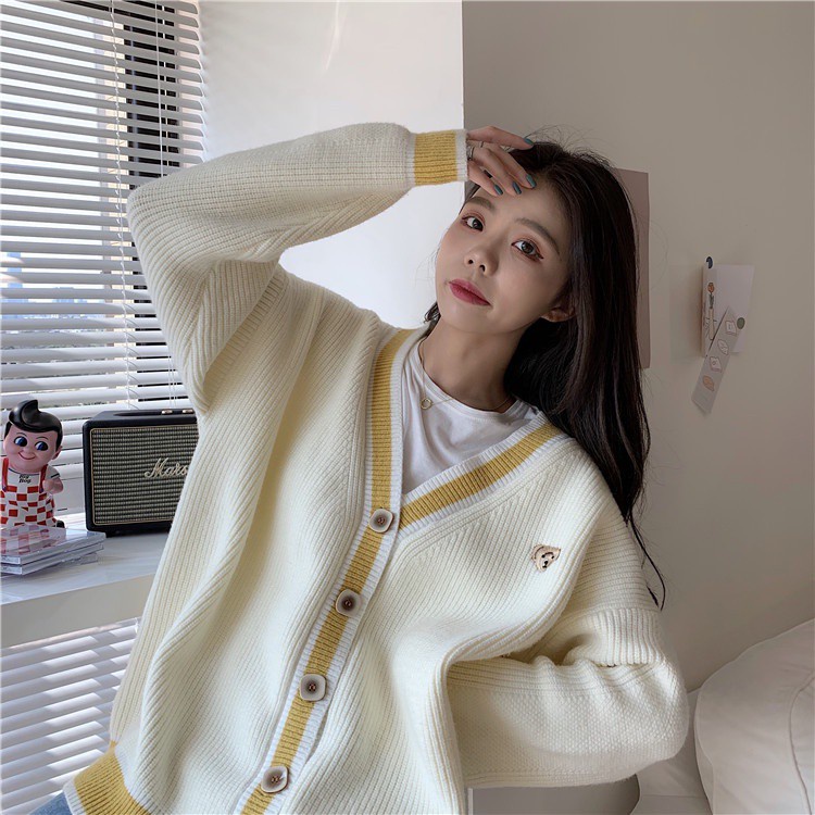 Áo khoác cardigan cổ chữ V dài tay dáng rộng phong cách Hàn Quốc retro