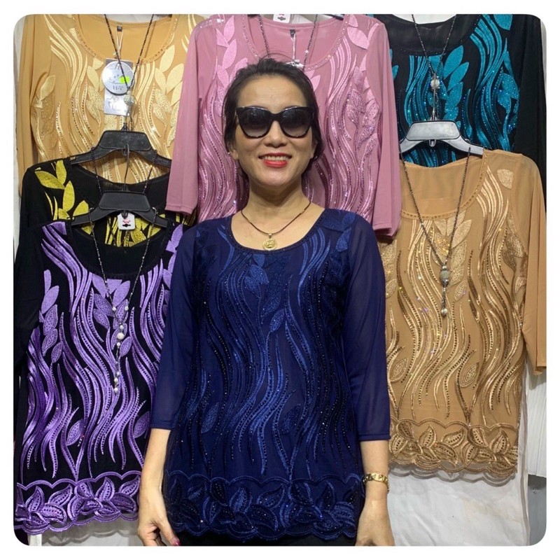 Áo thun voan trung niên cao cấp giao hoa văn ngẫu nhiên