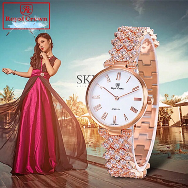 Đồng Hồ Nữ Chính Hãng Royal Crown 2601J-RG-BD (dây đá vỏ vàng hồng mặt đen)