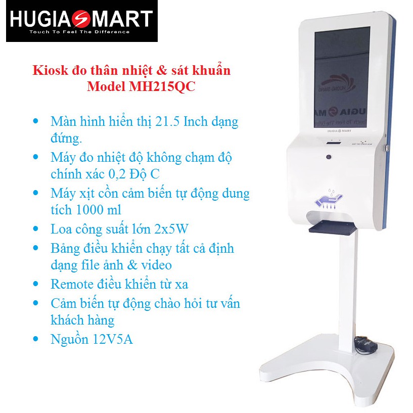 Máy sát khuẩn tự động ,máy đo thân nhiệt tích hợp màn hình quảng cáo ,tra cứu thông tin Hugiasmart Model MH215QC