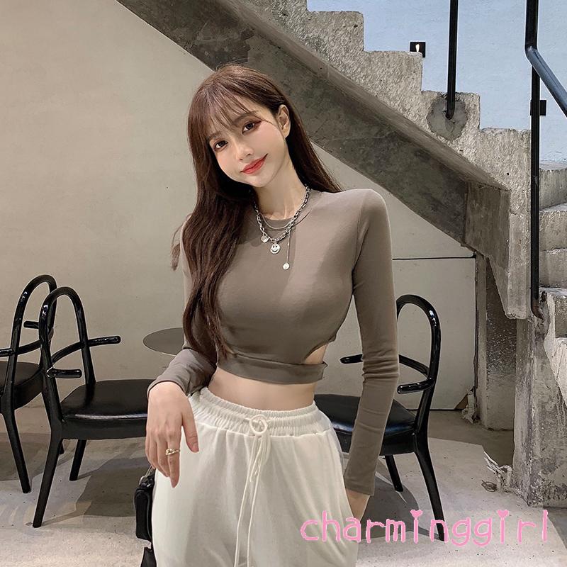Áo Thun Crop Top Tay Dài Cổ Tròn Màu Trơn Thời Trang Xuân Hè Cho Nữ