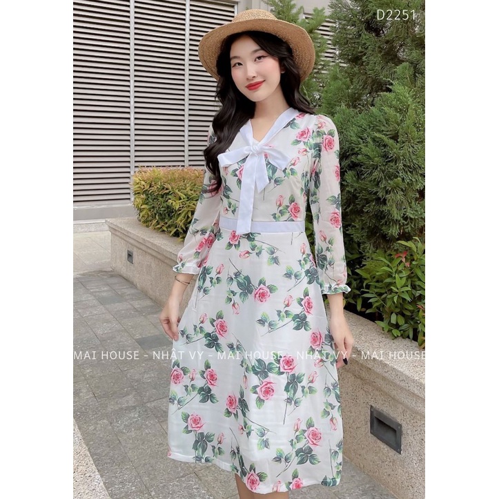 Đầm Hoa Nữ NHẬT VY Dáng Ôm Phối Nơ Cổ Chất Voan Công Sở, Đi Tiệc - D2251