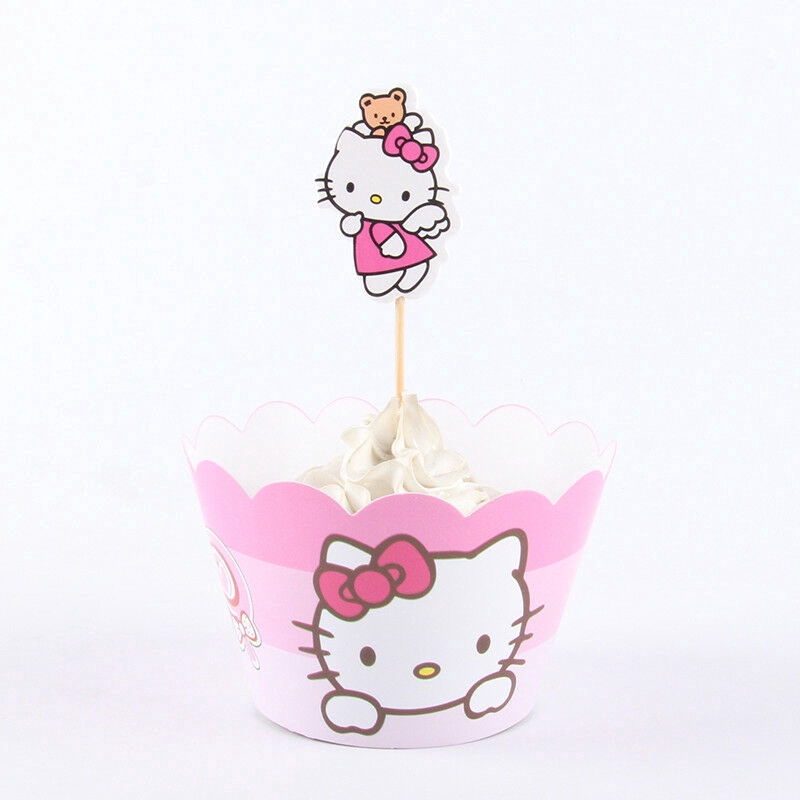 24pcs Happy Birthday Kitty Cupcake Wrappers Toppers