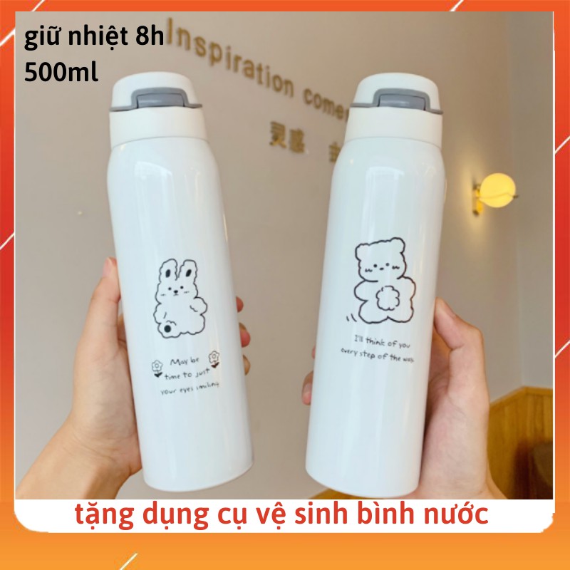 Bình giữ nhiệt 500ml Hình Gấu bình nước giữ nhiệt inox 304 có ống hút có dây