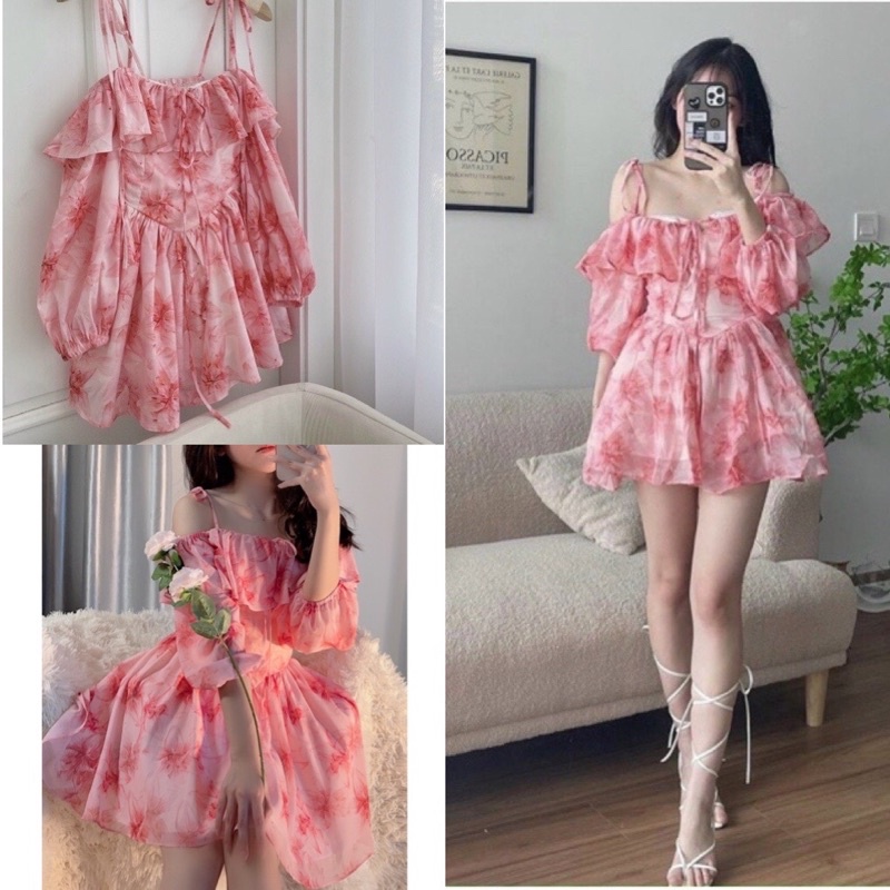 Váy hoa trễ vai bèo tiểu thư xinh sắn (ảnh thật)