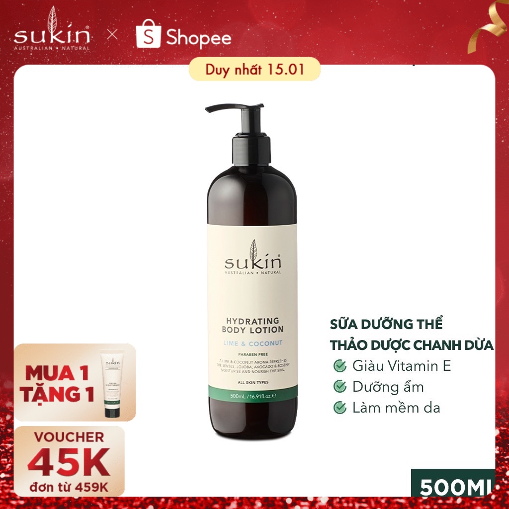 Sữa Dưỡng Thể Hương Chanh Và Dừa Sukin Hydrating Body Lotion - Lime &amp; Coconut 500ml