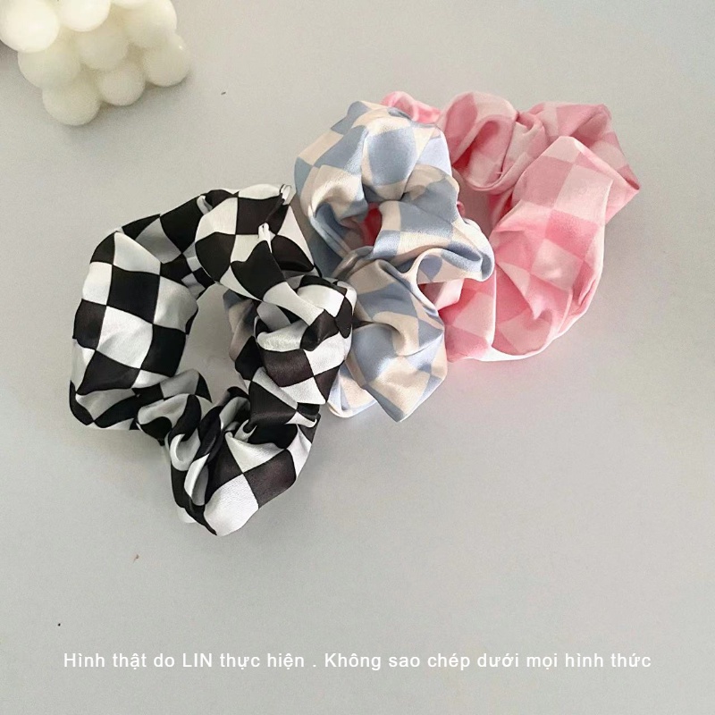 Scrunchies Cột Tóc Băng Đô Vải Caro LIN Phong Cách Hàn Quốc