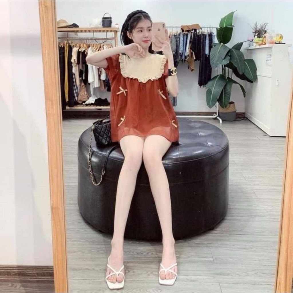 Váy bầu thời trang thiết kế M373 chất voan hai lớp freesize từ 45 đến 70kg