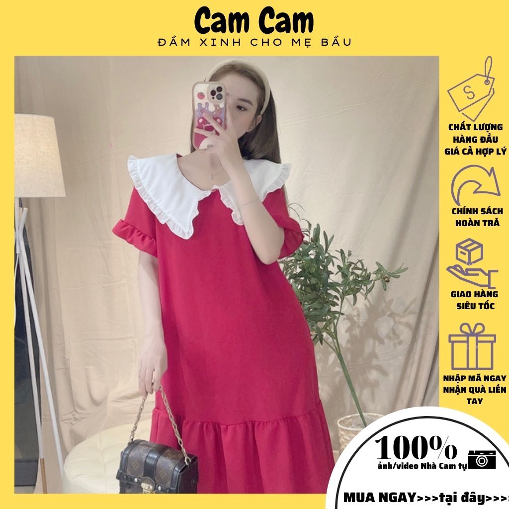 Váy bầu công sở siêu dễ thương chất liệu lụa hàn đỏ cổ trắng, tay bèo, đuôi tầng siêu dễ thương