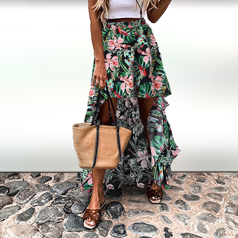 Chân Váy Dài ZANZEA In Hoa Lưng Co Giãn Vạt Trước Ngắn Vạt Sau Dài Dáng Rộng Cho Nữ
