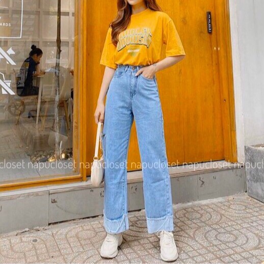 [Size 30-35] Quần Ống Rộng Lật Lai / Rách 1 Sườn Hông / Lưng Cao Form To