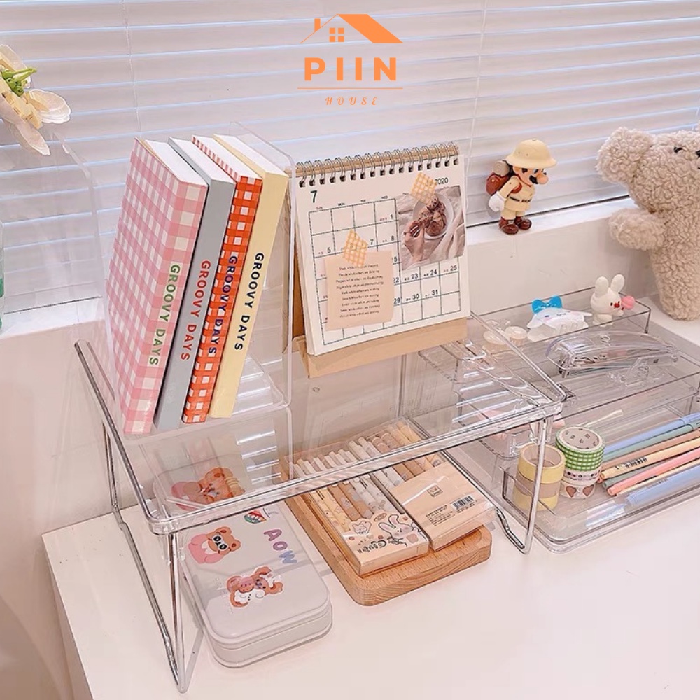 Kệ sách để bàn mặt acrylic trong suốt PIIN HOUSE có thể xếp chồng thành 2,3 tầng, giá để đồ dùng học tập
