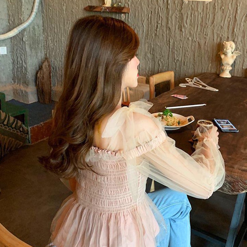 Áo kiểu nữ IELGY cổ vuông tay dài phối lưới màu trơn ngọt ngào thời trang kiểu Pháp