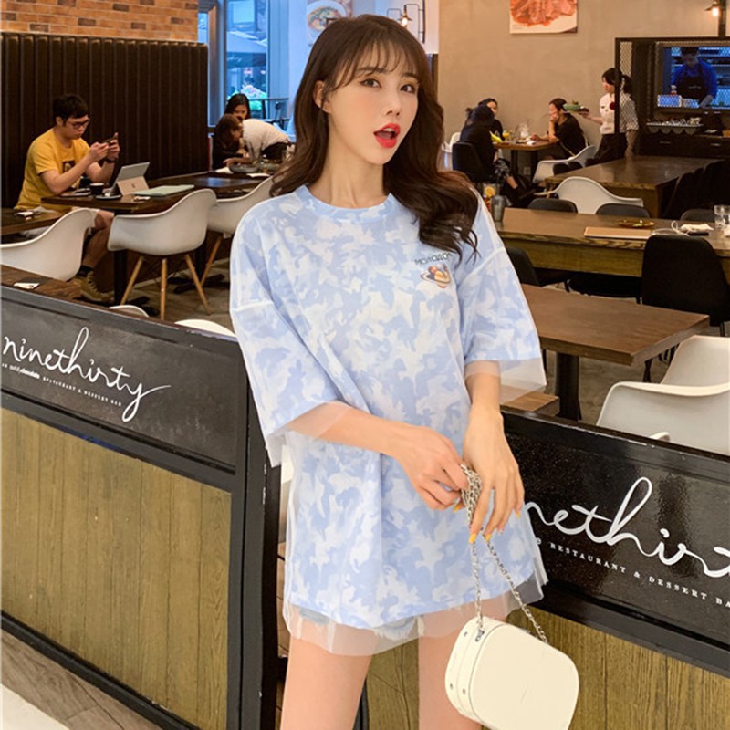 Áo thun tay lỡ cổ tròn phối lưới phong cách mùa hè cho nữ