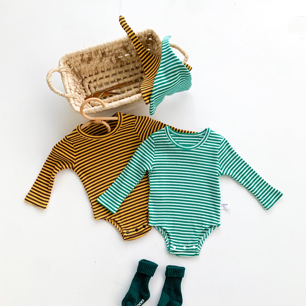 Bộ Áo Liền Quần Tay Dài Chất Liệu Cotton Họa Tiết Kẻ Sọc Kèm Nón Thời Trang Mùa Thu Cho Bé 0-24 Tháng Tuổi