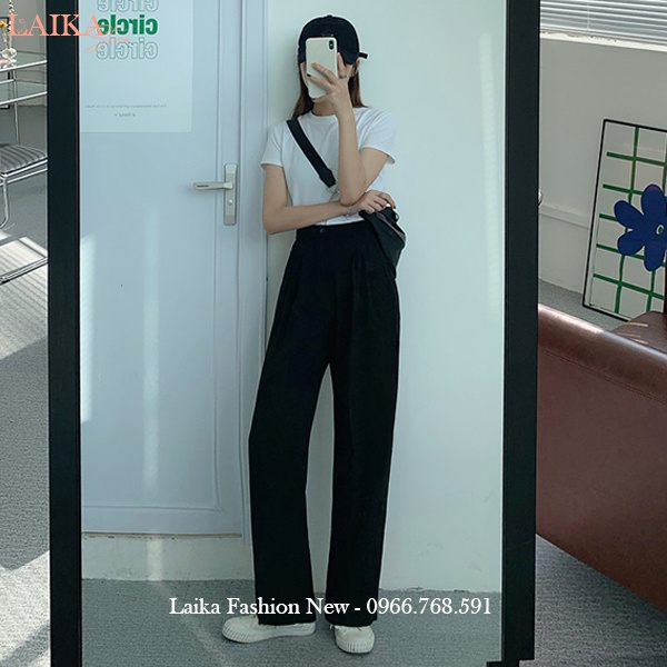 Quần tây nữ ống rộng đi học lưng cao dáng suông dài 100cm màu Đen - Quần ống rộng cạp cao đi học chơi làm công sở xinh