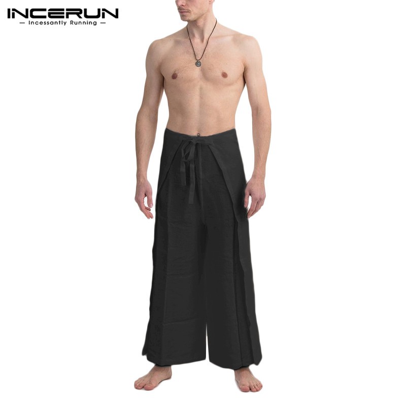 Quần INCERUN Bằng Cotton Lưng Cao Ống Rộng Màu Trơn Tập Yoga Cho Nam