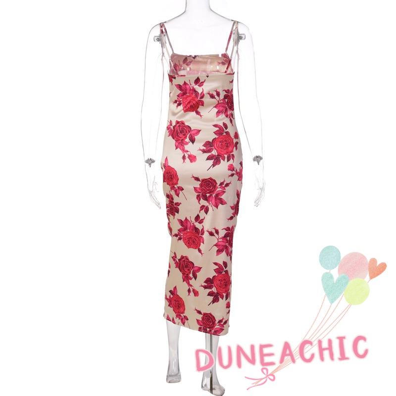 DUNEA Đầm Hai Dây Họa Tiết Hoa Hồng Quyến Rũ Cho Nữ