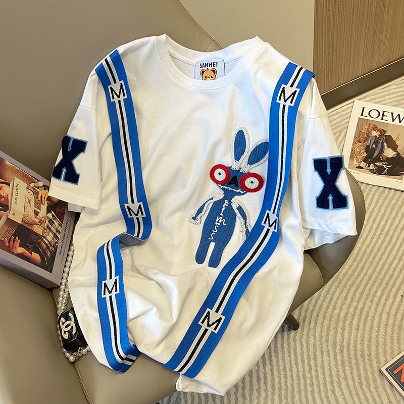 Áo Thun Tay Ngắn Thêu Họa Tiết Hoạt Hình Phối Ruy Băng Thời Trang Mùa Hè Cho Nữ 2022