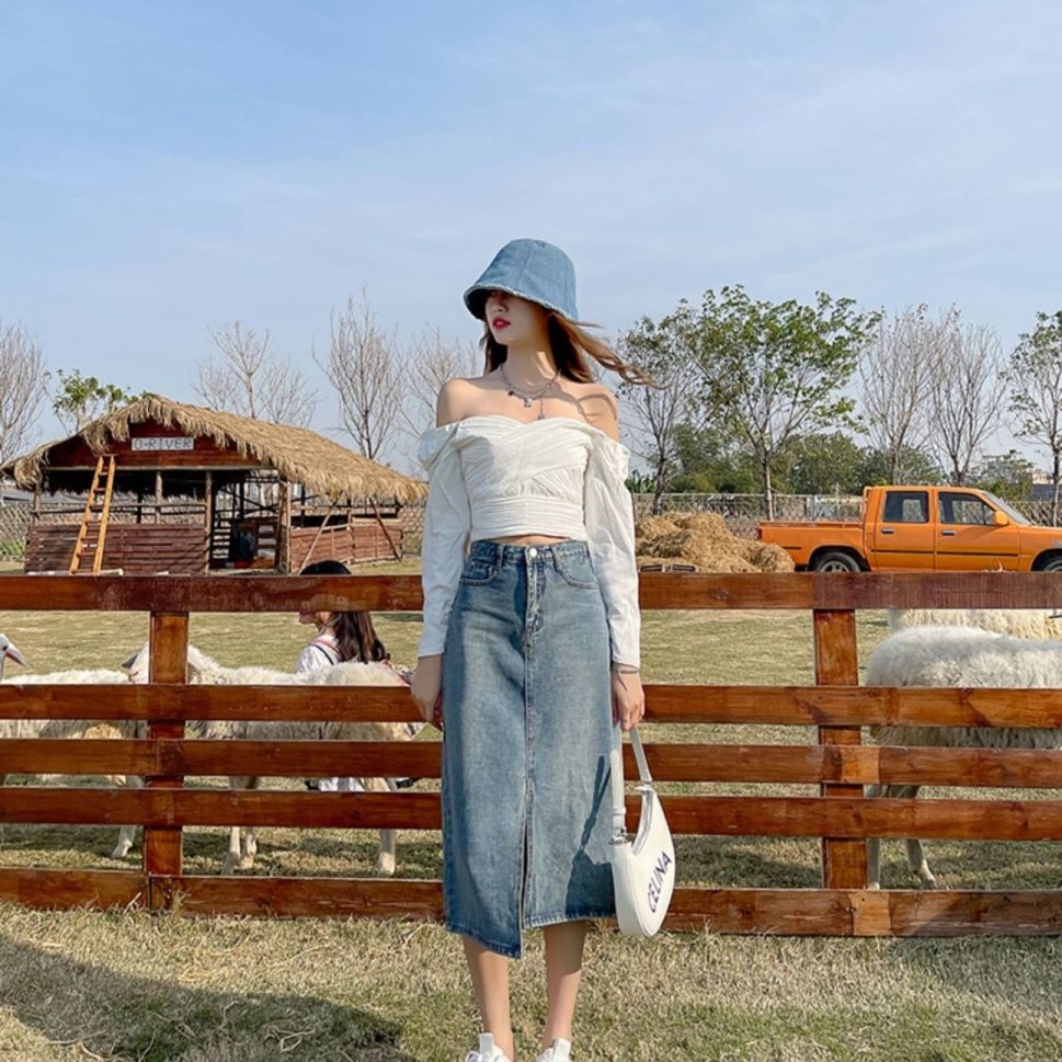 Chân Váy Jeans Dài Xẻ Tà Thời Trang Dành Cho Nữ