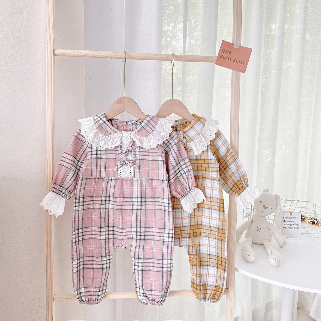 Áo liền quần SANLUTOZ tay dài họa tiết kẻ sọc ca rô dễ thương dành cho bé gái