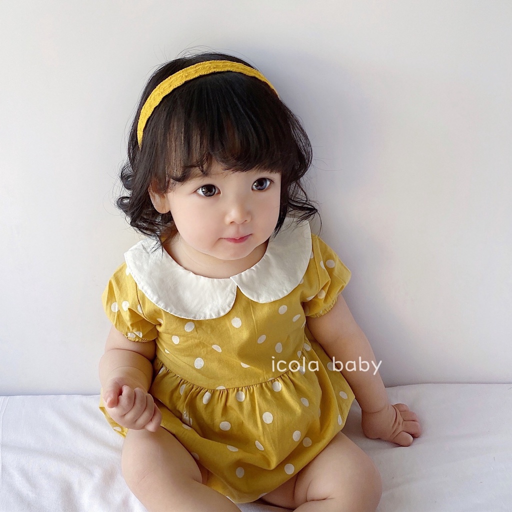 Áo Liền Quần Họa Tiết Chấm Bi Kèm Băng Đô Dễ Thương Dành Cho Bé Gái