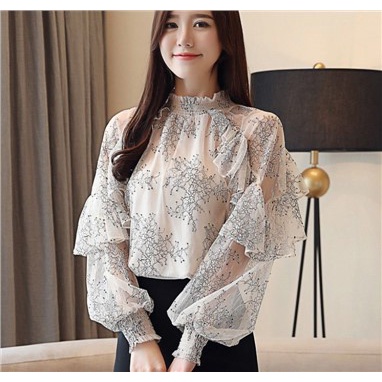 Áo Sơ Mi Chiffon Tay Dài Cổ Cao Phối Ren Phong Cách Phương Tây Hợp Thời Trang Mới