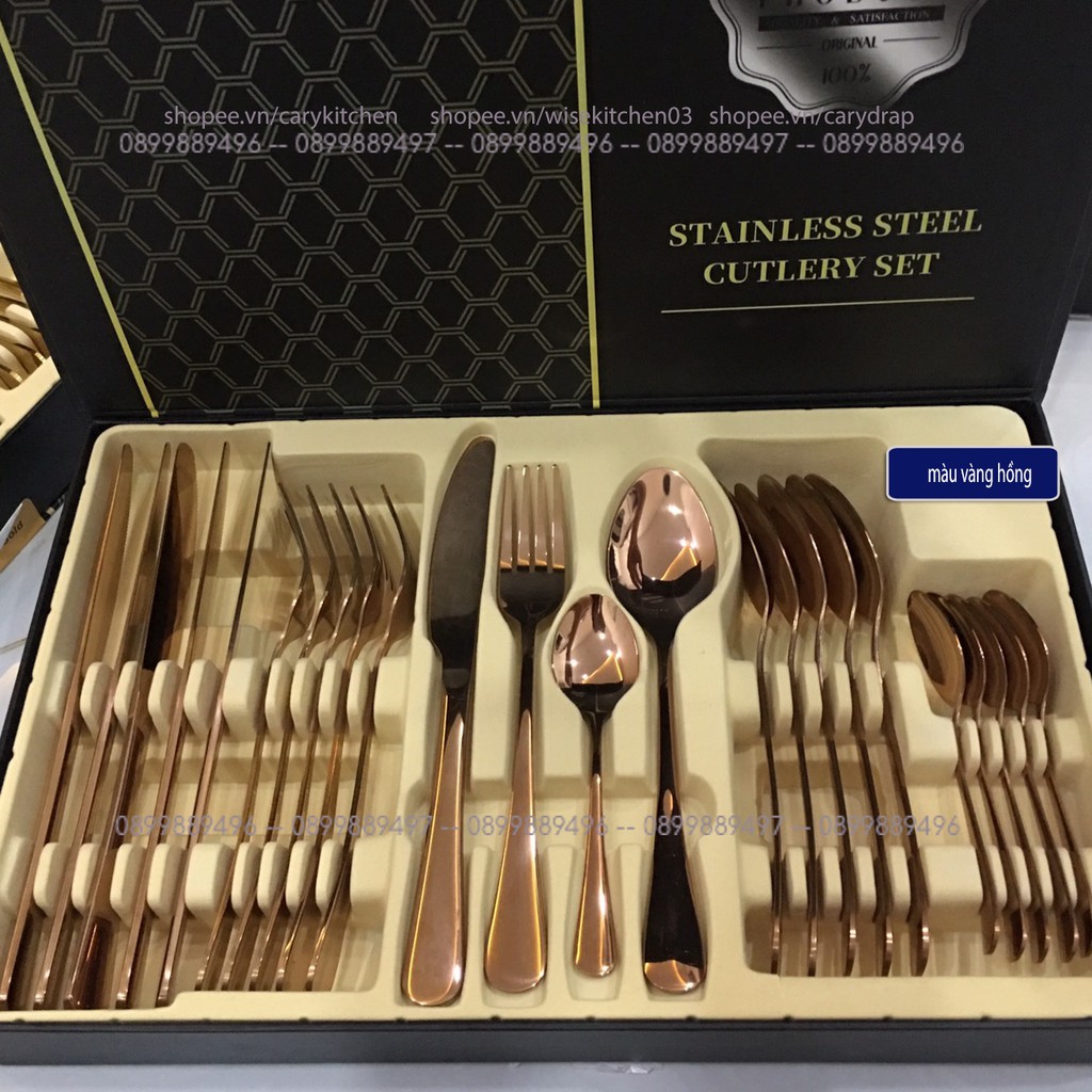 (hàng có sẵn) bộ phụ kiện bàn ăn dao muỗng nĩa sáng bóng 24 món sang trọng bằng inox 304 không gỉ kèm hình thật