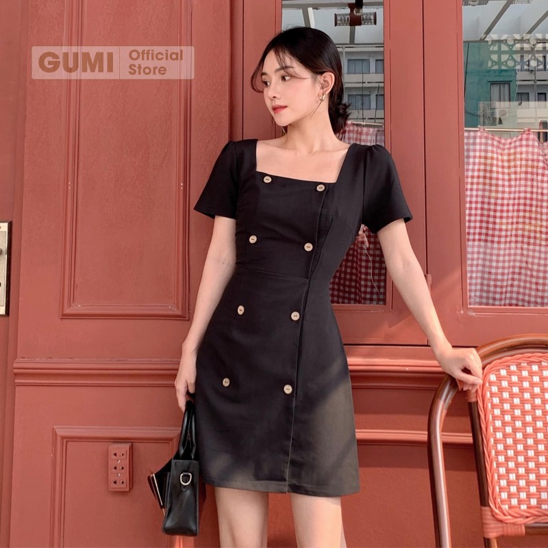 Váy nữ dự tiệc dáng chữ A cổ vuông tay phồng nút gỗ - Đầm dự tiệc Gumi trẻ trung sang trọng GM2073 | BigBuy360 - bigbuy360.vn