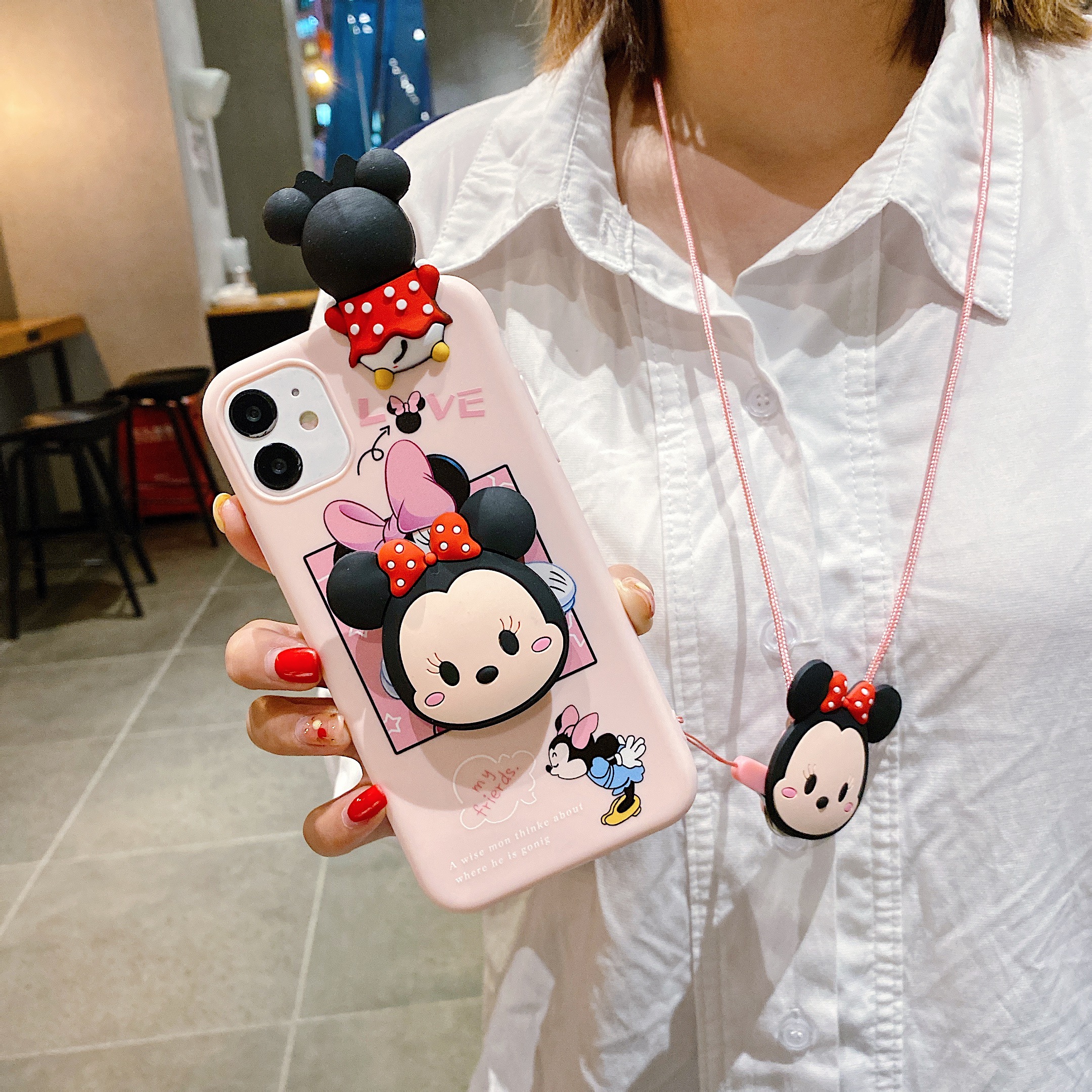 Ốp điện thoại TPU họa tiết Mickey/Minnie có dây đeo dành cho iPhone 12 11 Pro Max X XS MAX XR iPhone 6 6s 7 8 Plus