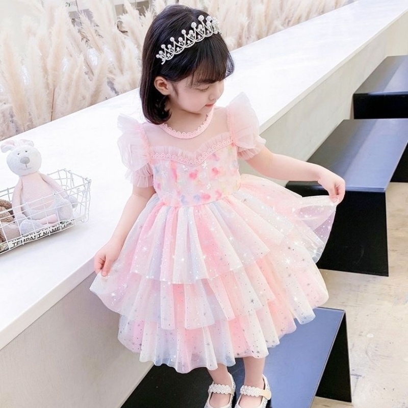 Đầm Tay Phồng Cổ Tròn Phối Lưới Thời Trang Mùa Hè Hàng Mới Dành Cho Bé Gái 2022