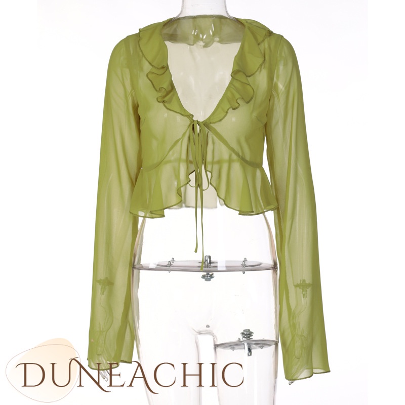 DUNEA Áo Kiểu Tay Dài Cổ Chữ V Thắt Nơ Thời Trang Cho Nữ