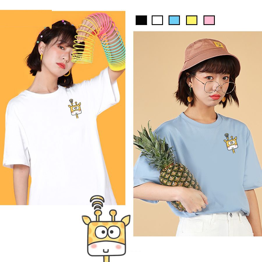 [Hàng Xịn, Giá Tốt] Áo Phông Thun Nữ Tay Ngắn Icon Họa Tiết Hươu Cao Cổ  Hàn Quốc - Unisex - Cotton - Mã AT026